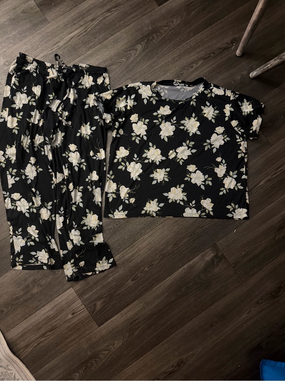 Black Floral women Pajama Set with Cream Flowers